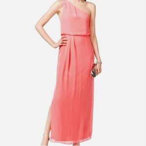 Adrianna Papell Coral Pink One Shoulder Chiffon Gown with Slit in Sz 12